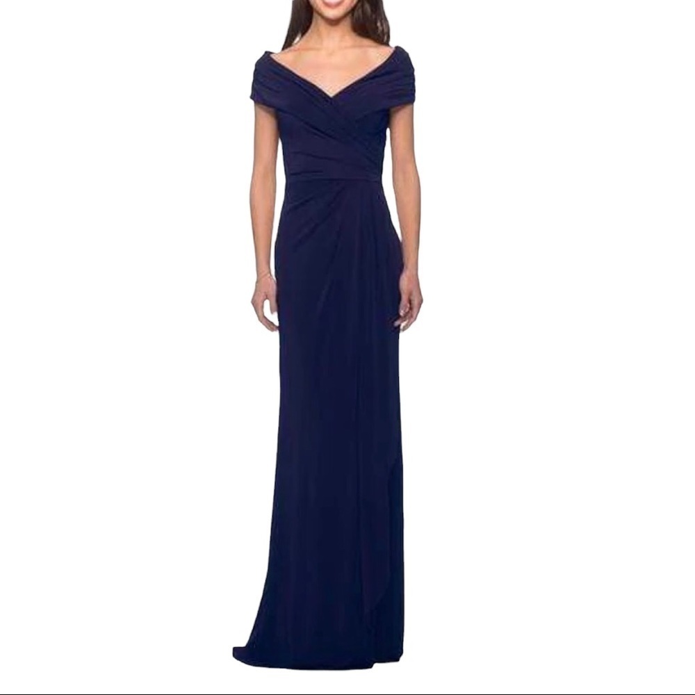 La Femme Off The Shoulder V Neck Long Sheath Gown Dress Blue Size 10 Formal